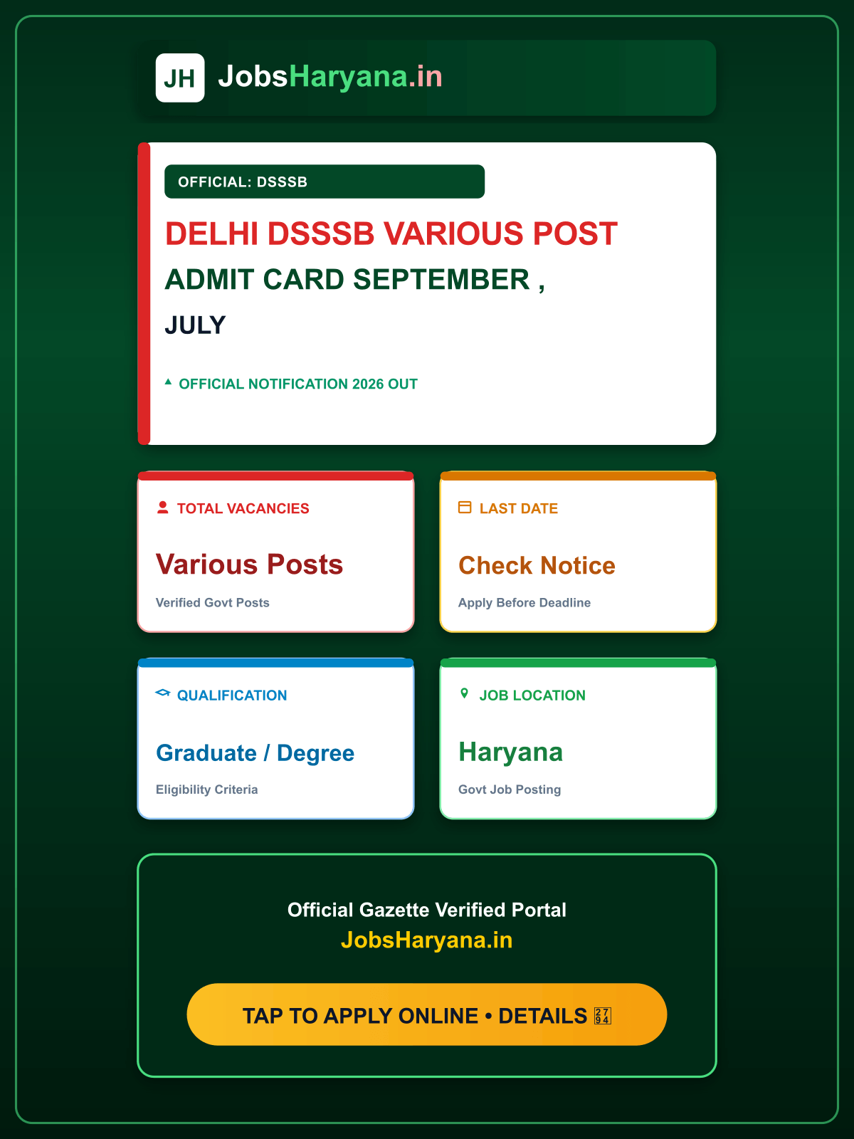 Delhi DSSSB Various Post 2026 Admit Card September 2026, July 2026 Exam Answer Key, Exam Schedule September / October 2026