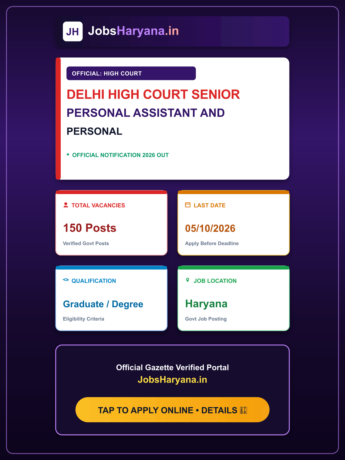 Delhi High Court Senior Personal Assistant and Personal Assistant Recruitment 2026 Apply Online