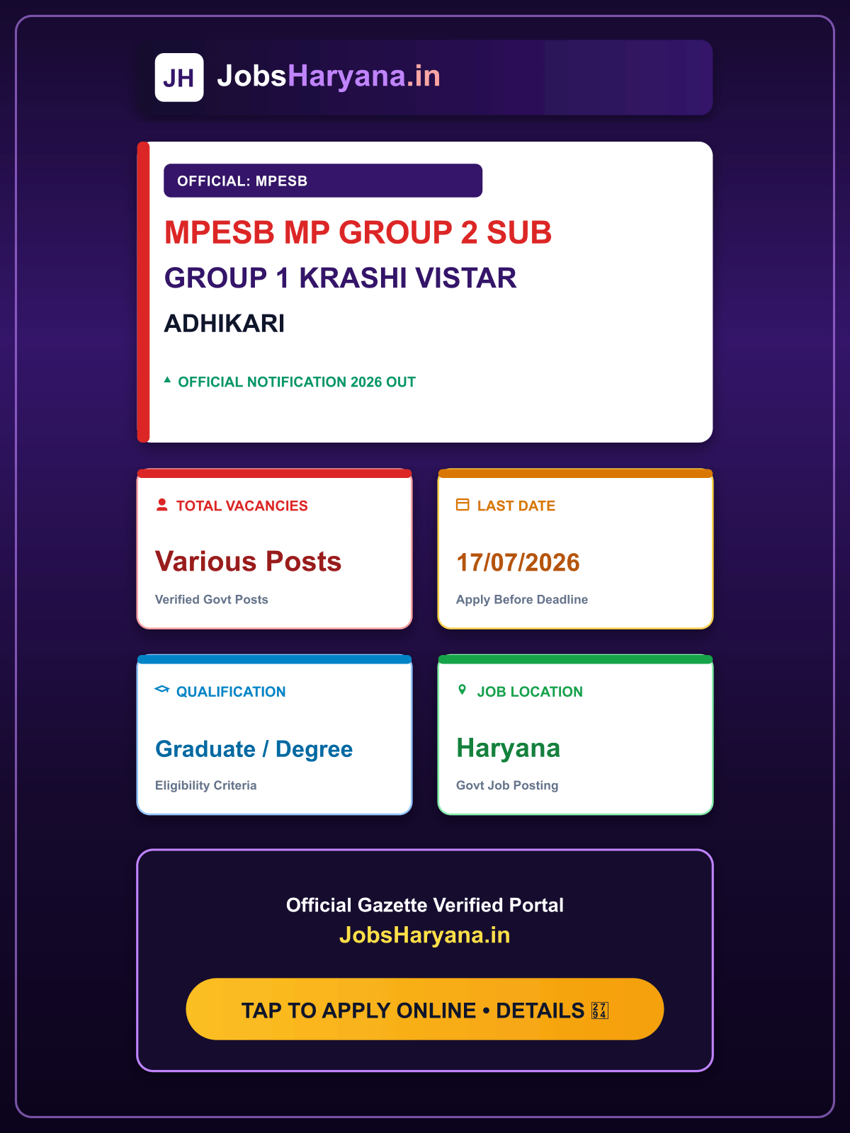 MPESB MP Group 2 Sub Group 1 Krashi Vistar Adhikari (Agriculture Extension Officer) Recruitment Test – 2026 Admit Card