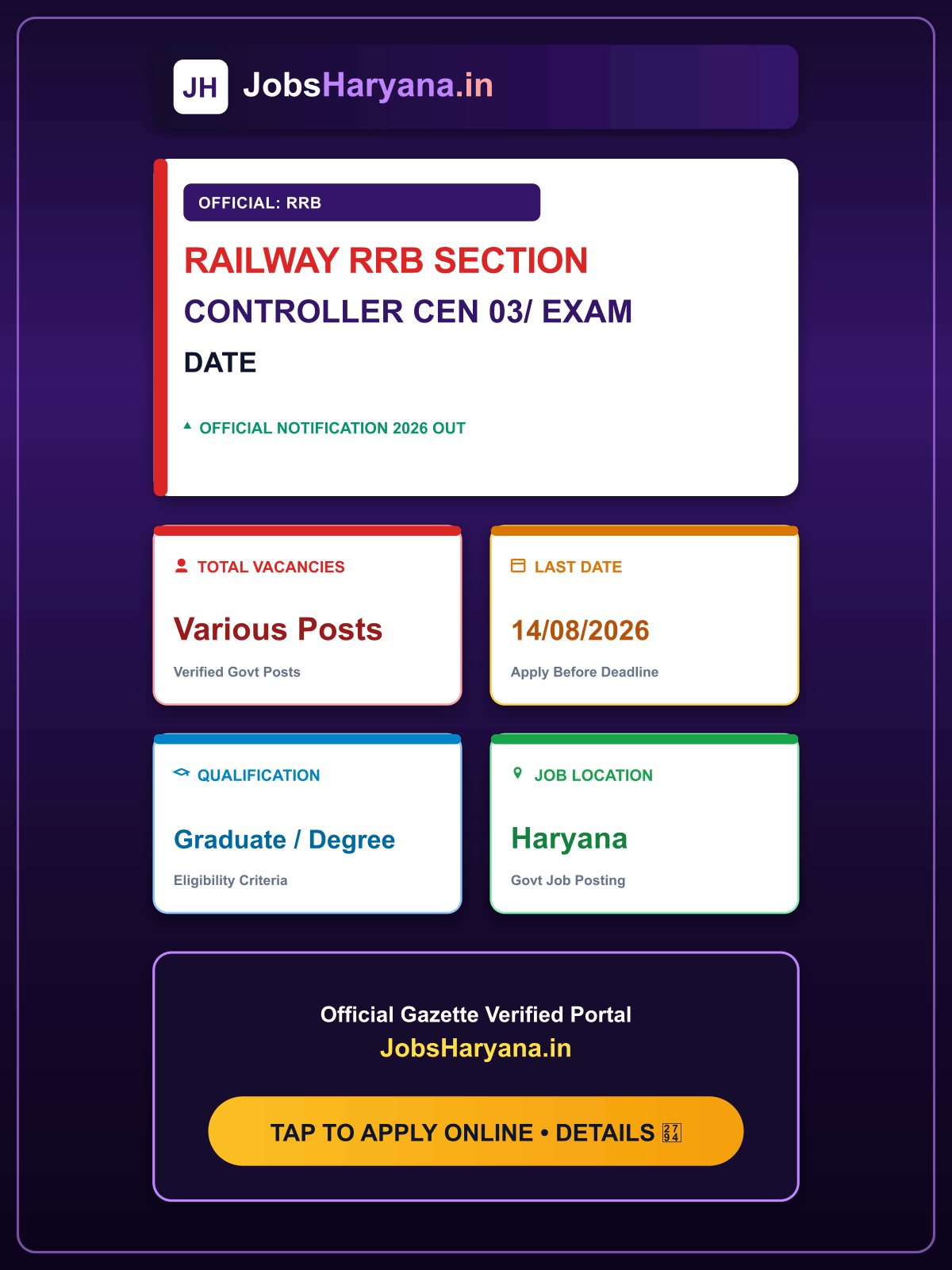 Railway RRB Section Controller CEN 03/2026 Recruitment 2026 Exam Date