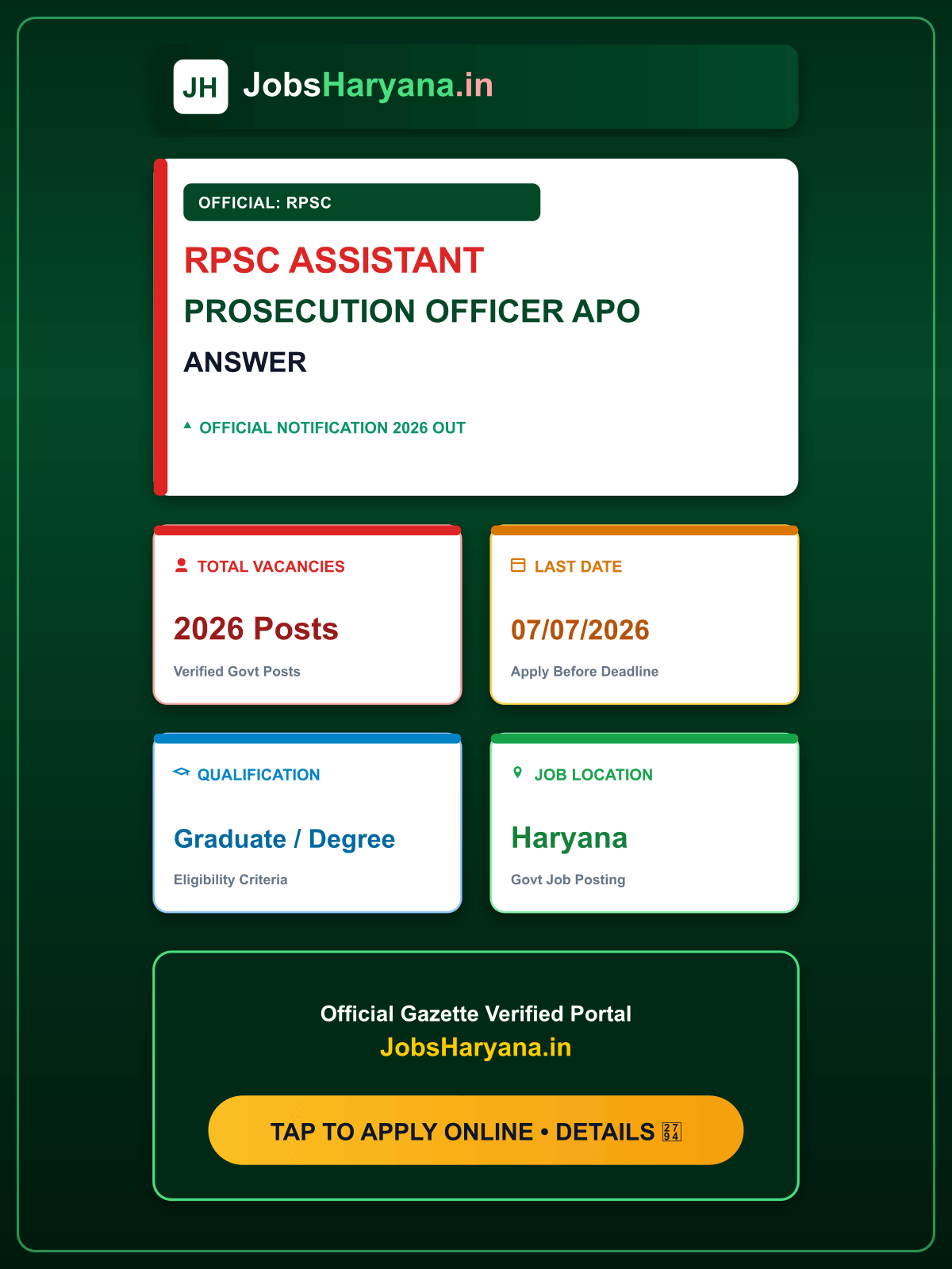 RPSC Assistant Prosecution Officer APO Recruitment 2026 Answer Key