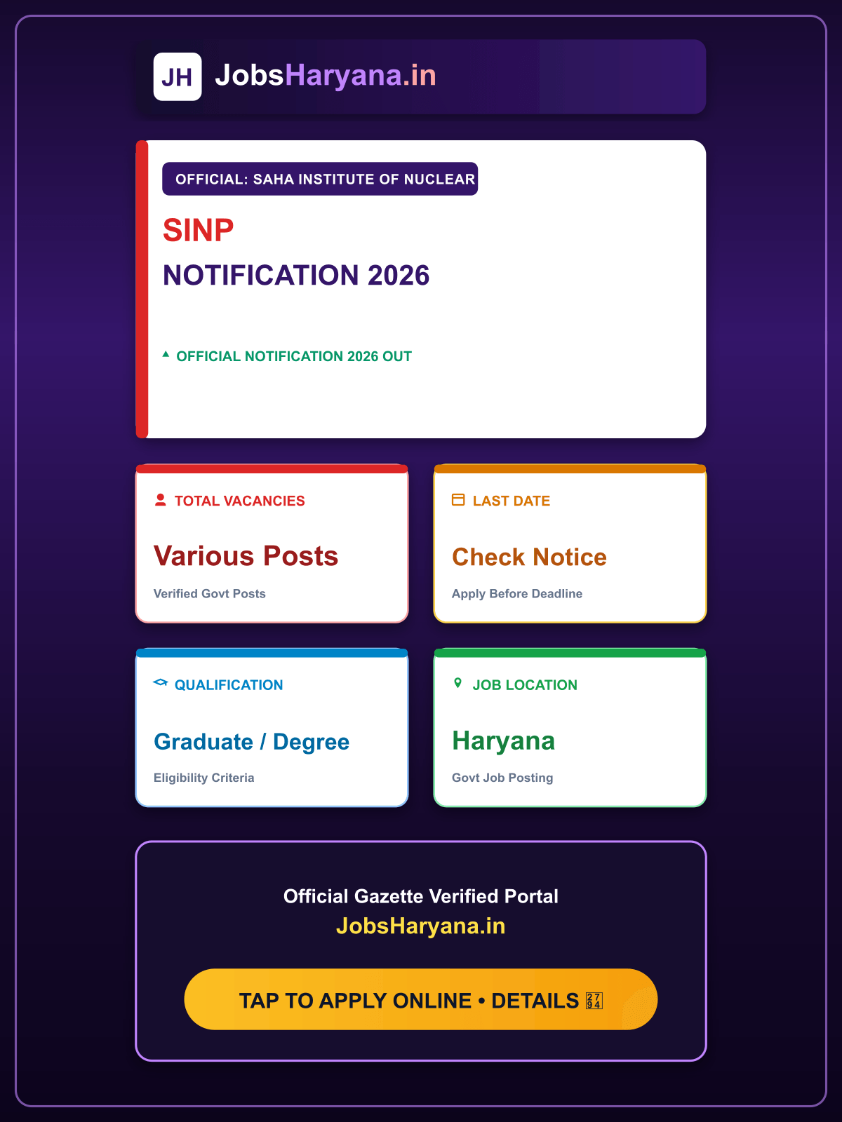 SINP Recruitment 2026: Apply Online for Various Posts
