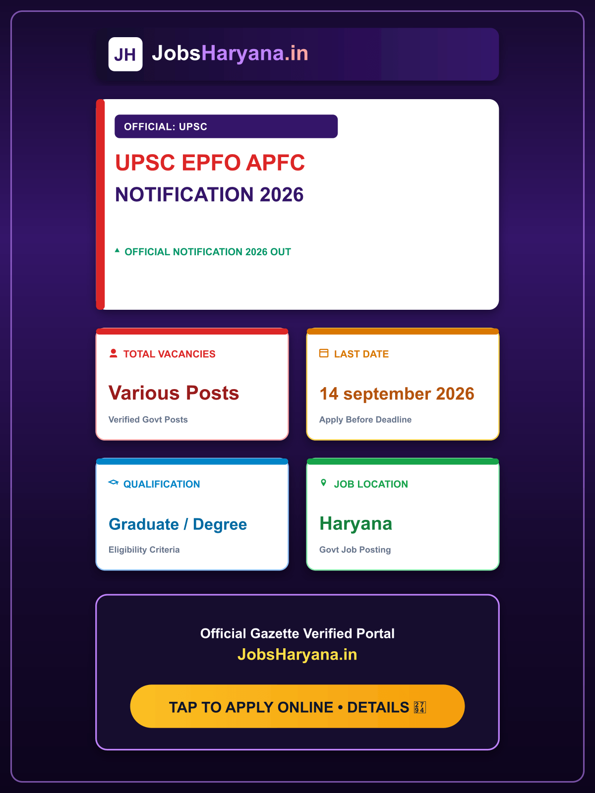 UPSC EPFO APFC Recruitment 2026: Notification Out & Apply Online